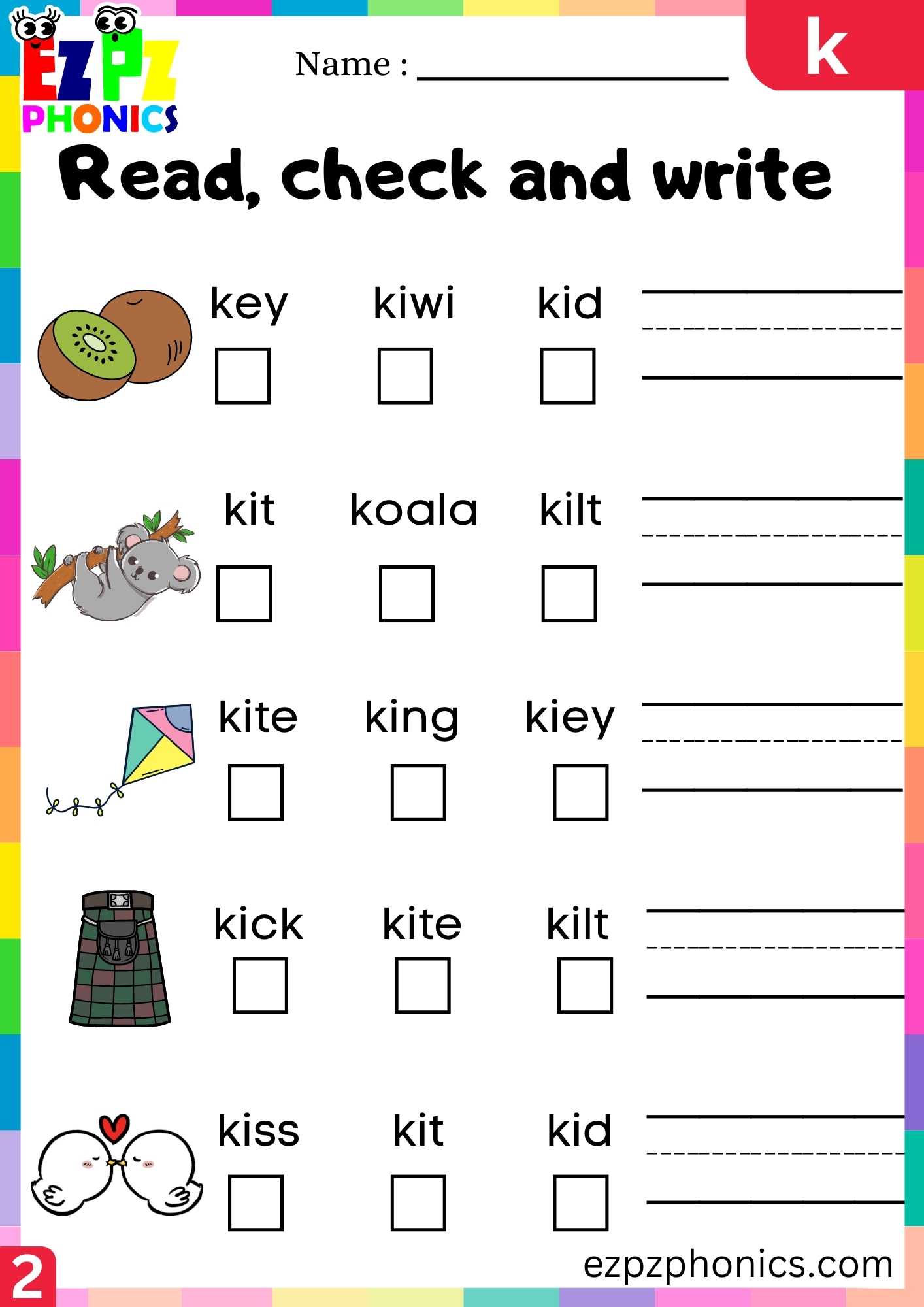 Group2 Letter K Read, Check And Write Beginning Sounds Worksheet